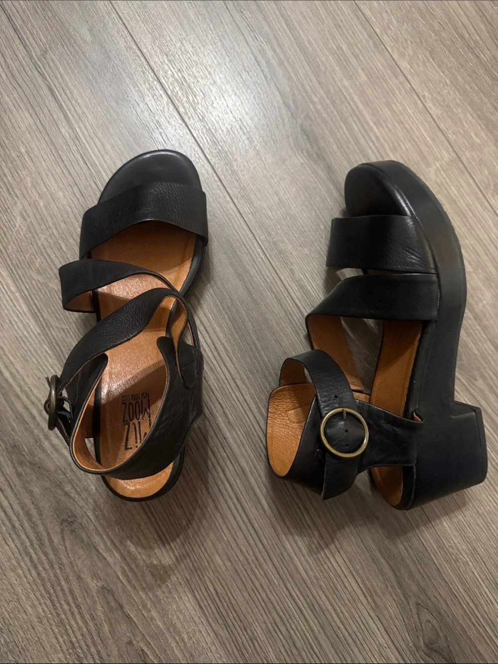 Miz Mooz Women’s Leather Black Platform Sandals with Buckle Accent